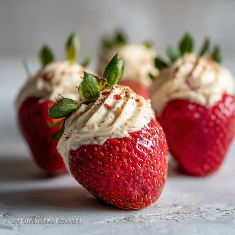 A vibrant platter showcases ruby-red strawberries artfully filled with smooth, rich cheesecake, garnished with green mint.