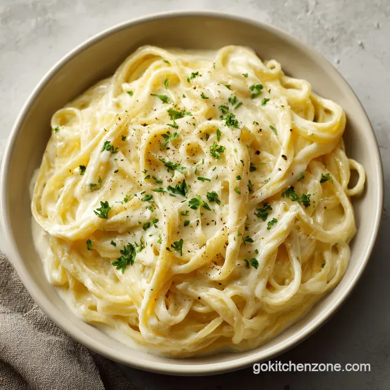 A swirl of rich Alfredo sauce with fresh parsley garnishes a bed of pasta.