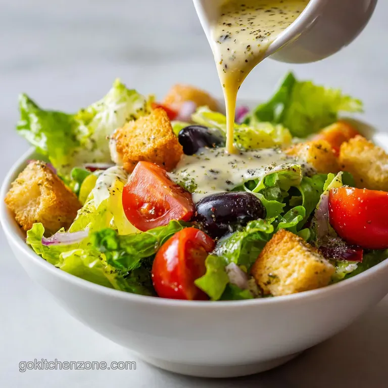 Crisp romaine lettuce tossed with vibrant veggies & glistening golden dressing. Croutons add a delightful crunch & invitin...
