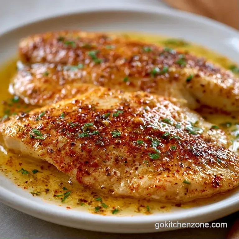 Flaky white fish fillet on a white plate, topped with a melted butter glaze and bright yellow lemon slices.