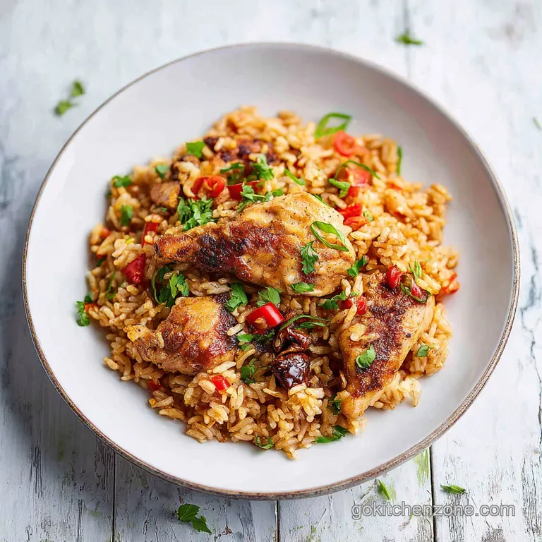 Golden-brown chicken pieces artfully arranged over steamed white rice, garnished with fresh parsley.