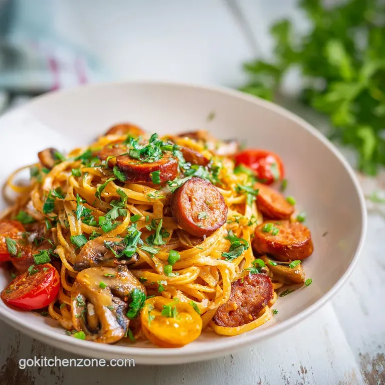 A generous swirl of pasta, studded with sausage and greens, artfully arranged in a white bowl with a fork.