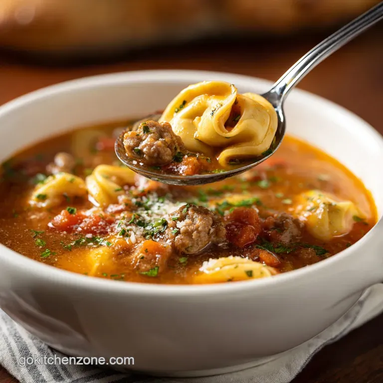 A comforting swirl of tortellini and sausage in a rustic bowl, topped with a sprinkle of fresh parsley.