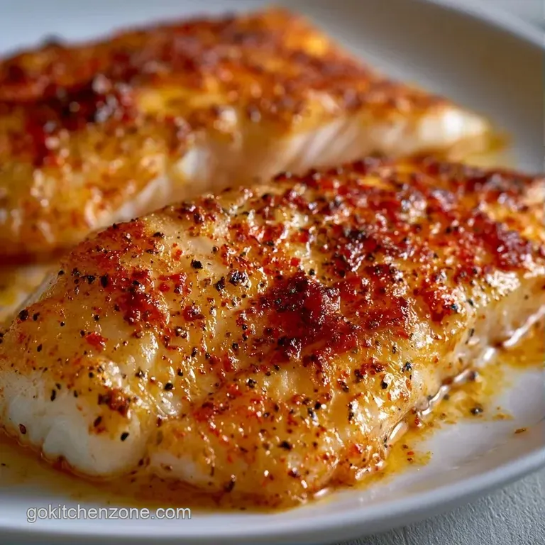 Flaky white fish fillets garnished with bright green parsley and lemon wedges on a minimalist ceramic plate.