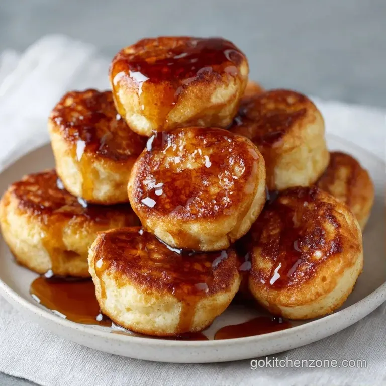 Stack of small golden cakes drizzled with amber maple syrup and topped with a fresh blueberry on a marble surface.