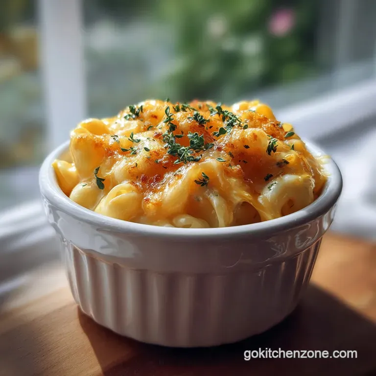 Elegant portion of white cheddar mac, glistening with melted cheese and garnished with fresh herbs in a minimalist bowl.