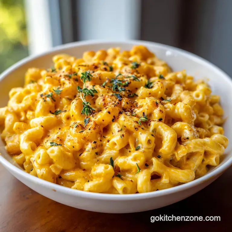 Elegant bowl of rich, cheesy mac and cheese, garnished with parsley, hinting at a comforting yet refined dining experience.