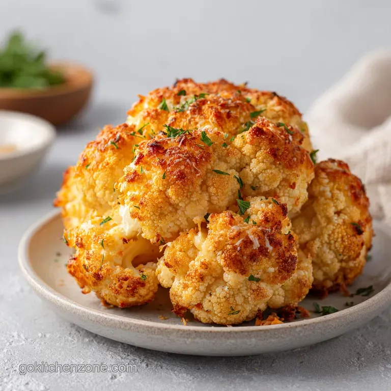 A rustic white bowl piled high with tender, caramelized cauliflower, a sprinkle of grated cheese.
