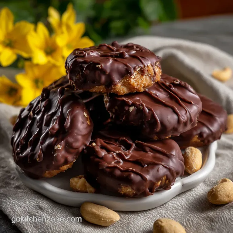 Three peanut butter balls artfully plated on a white ceramic dish, drizzled with chocolate and garnished with a single pea...