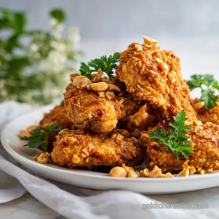 A single, artfully arranged plate of glistening peanut butter chicken with a sprinkle of herbs and a side of perfectly coo...