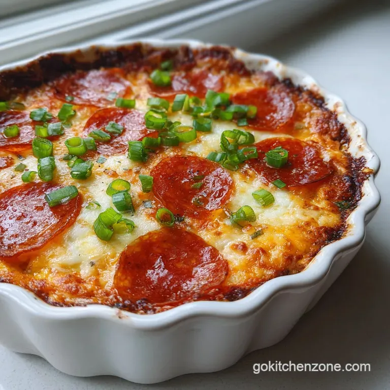Creamy, golden pizza dip overflowing from a rustic bowl, garnished with fresh basil and served with crusty bread.