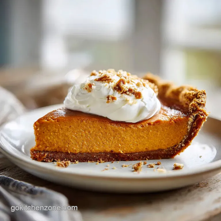 Elegant slice of pumpkin pie; glistening praline topping with candied pecans against a warm, inviting, creamy pumpkin fill...