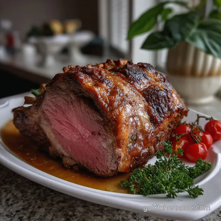 Elegant plate of sliced prime rib, showcasing a rosy center. Garnished with fresh herbs, a drizzle of jus, and a side of c...