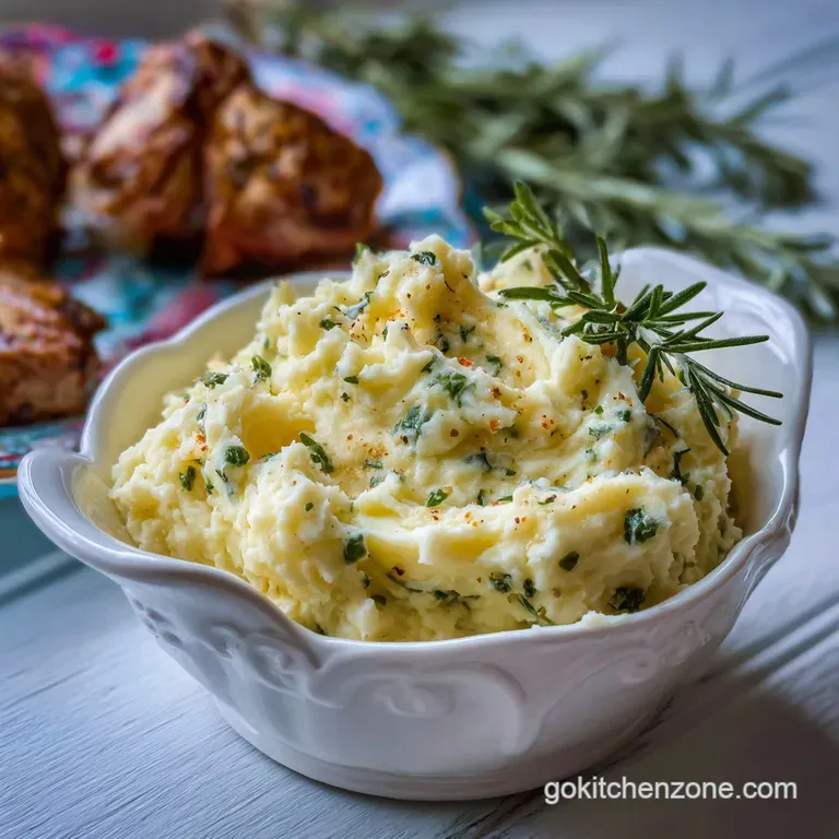 Elegant plate showcasing tender prime rib slices with a velvety garlic mashed potato swirl and a sprig of fresh rosemary.