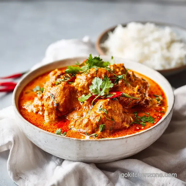 Elegant plate of butter chicken with a swirl of cream, vibrant green cilantro sprigs, and a side of fluffy basmati rice. C...