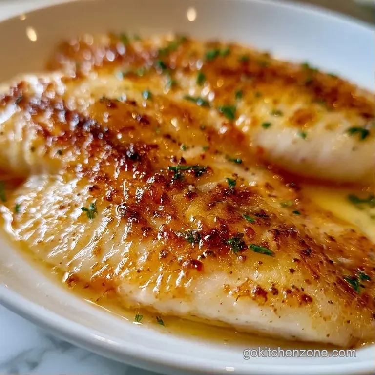 Pan-seared white fish fillets on a ceramic plate with steamed asparagus and a drizzle of lemon butter sauce.