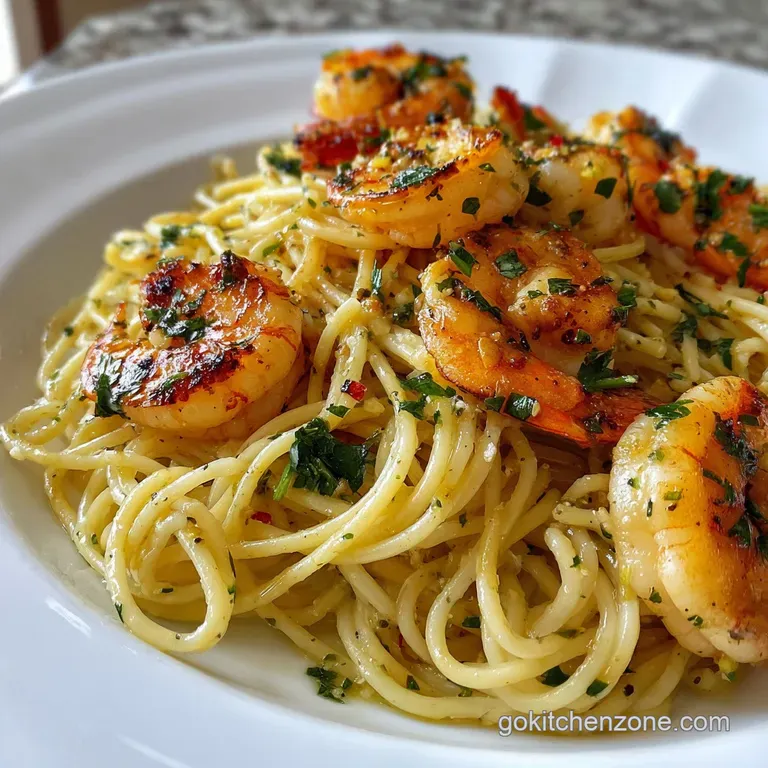 Perfectly twirled pasta strands coated in glossy butter sauce, plump shrimp, and a sprinkle of fresh parsley on a white pl...