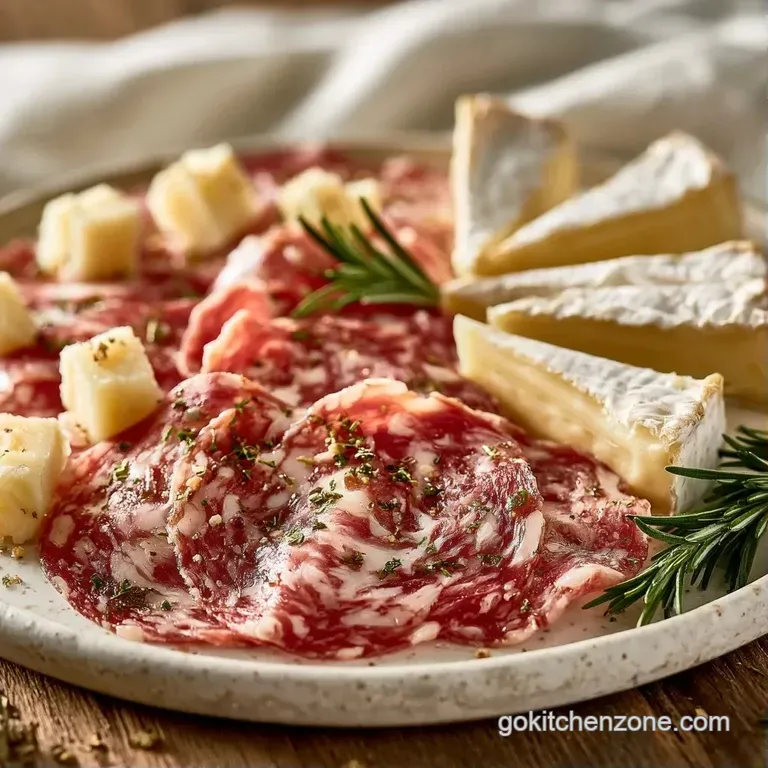 An assortment of charred sausages and artisan cheeses arranged on a rustic platter with grapes and golden crackers.