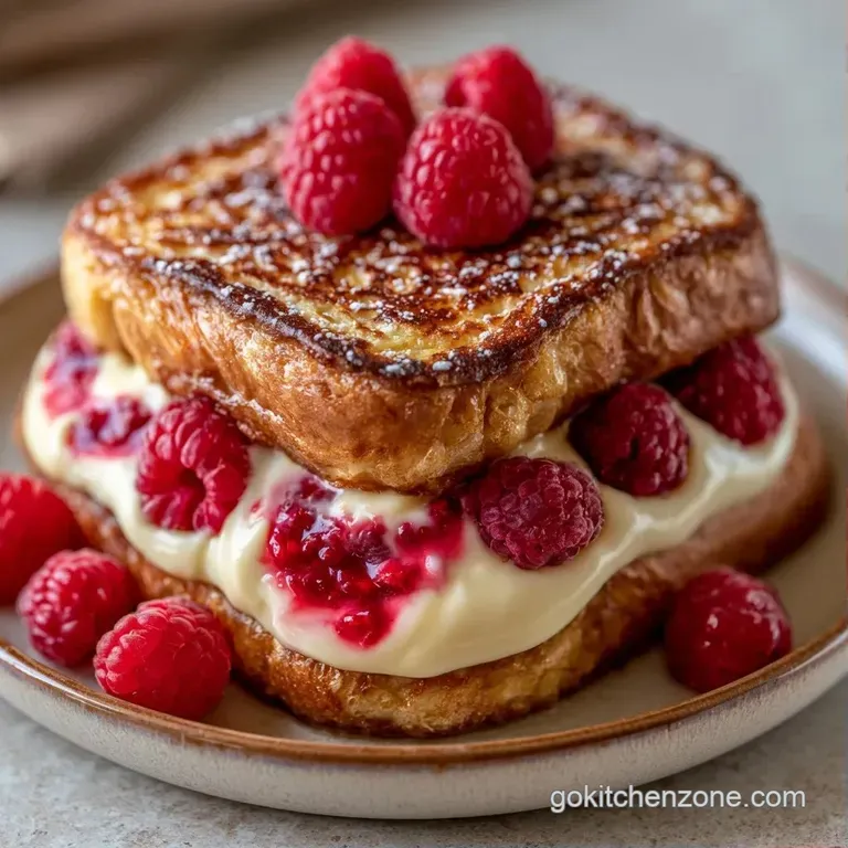 Elegant stack of golden-brown toast on a porcelain plate, topped with red berries and a drizzle of clear syrup.