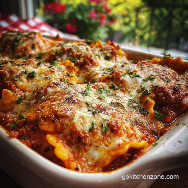 A single, artful slice of ravioli lasagna, steam rising. Tomato sauce glistens alongside dollops of creamy ricotta.