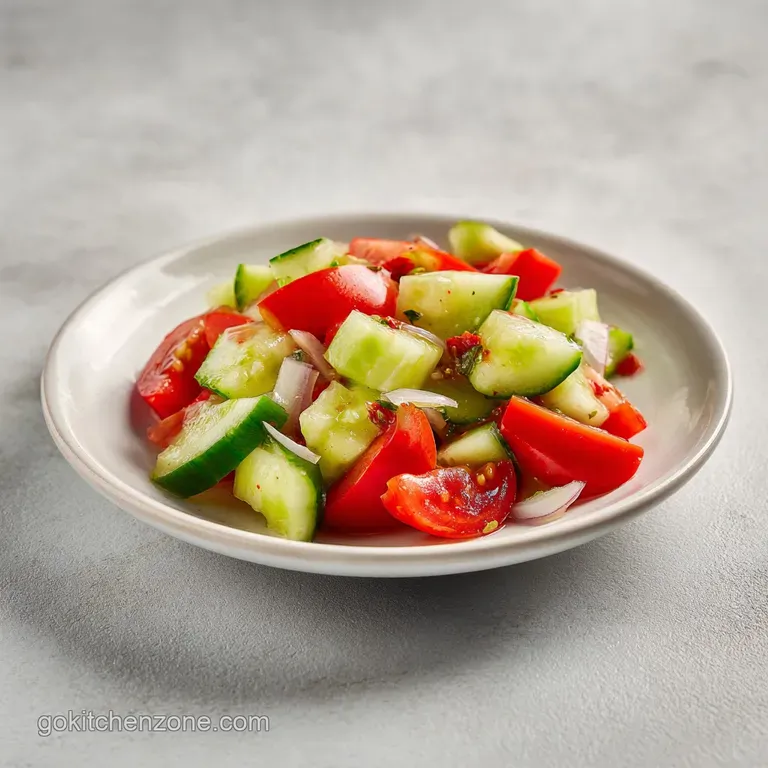 A bright bowl showcasing chilled cucumber and tomato salad, glistening with a light vinaigrette.