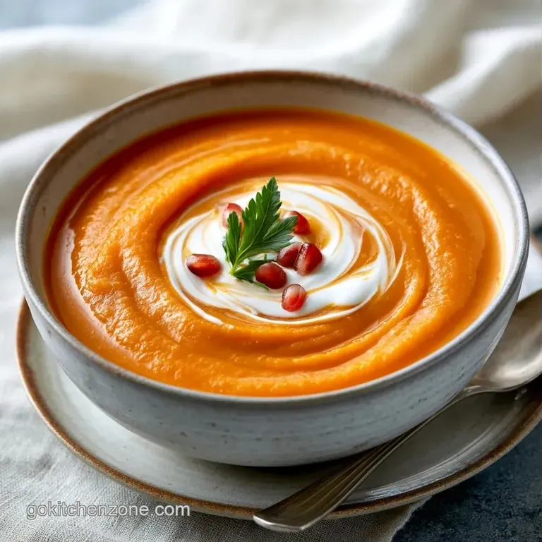 Vibrant orange soup in a white ceramic bowl with a sprig of thyme and olive oil drizzle on a rustic linen cloth.