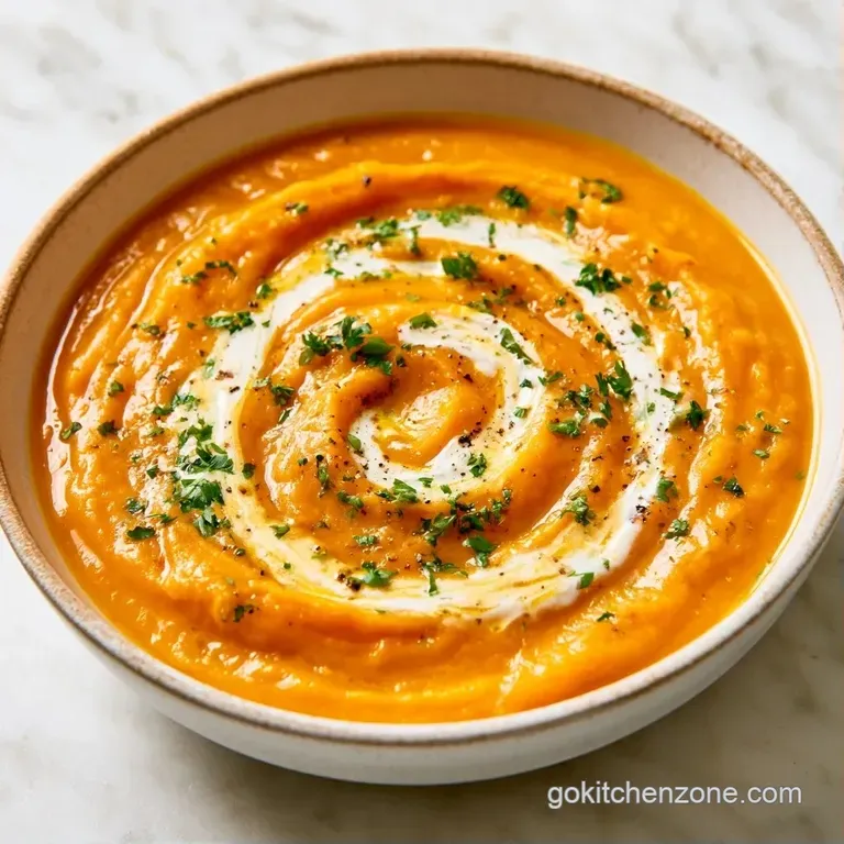 Vibrant orange soup in a ceramic bowl topped with a coconut swirl and microgreens on a rustic linen napkin.