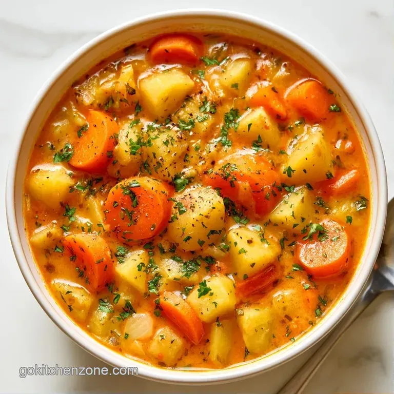 Vibrant vegetable soup in a matte white bowl, garnished with a swirl of cream and a sprig of fresh green parsley.