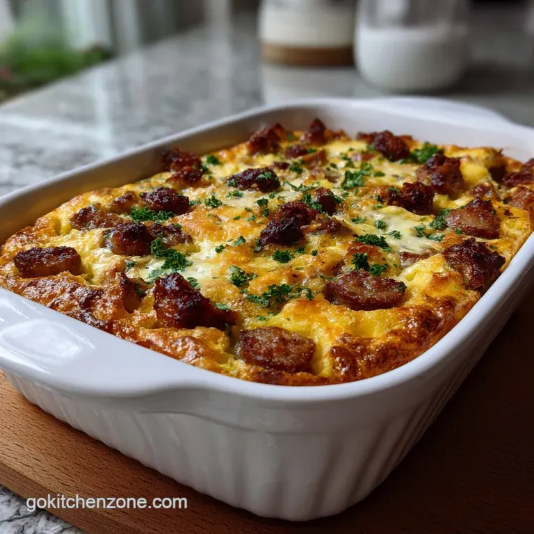 Creamy egg casserole served in a white ramekin, garnished with fresh chives, a sprinkle of paprika, and a side of toast.