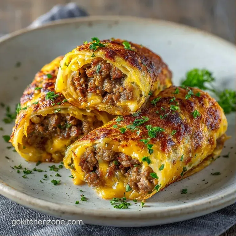 Sliced breakfast wraps showing layers of fluffy yellow eggs and savory sausage, arranged neatly in a prep container.