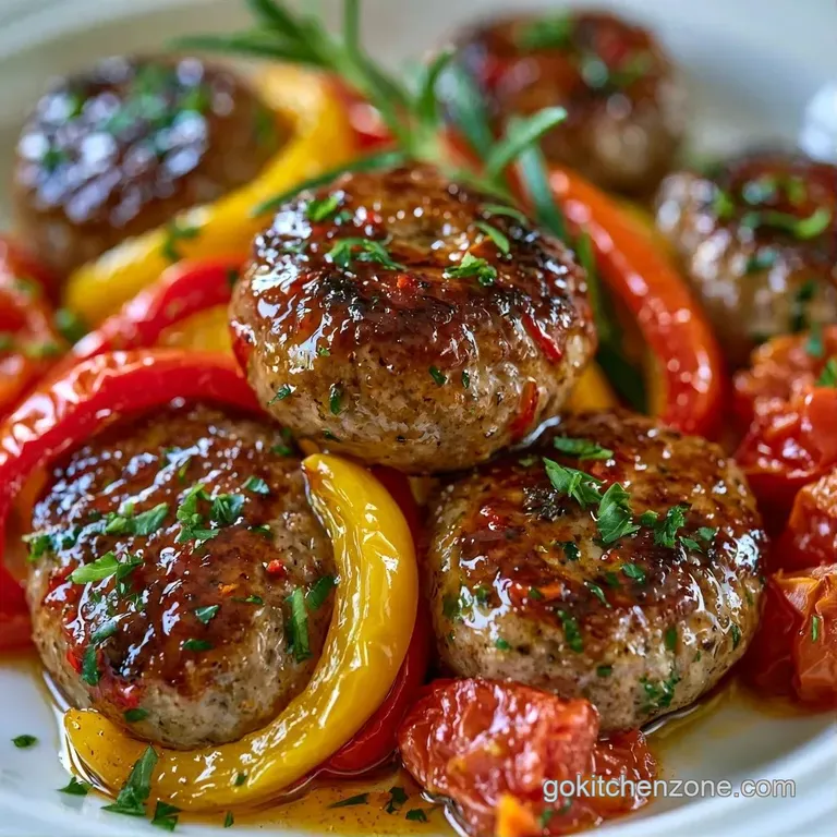 Sliced browned sausages and saut&eacute;ed colorful peppers served on a white ceramic plate garnished with fresh parsley.