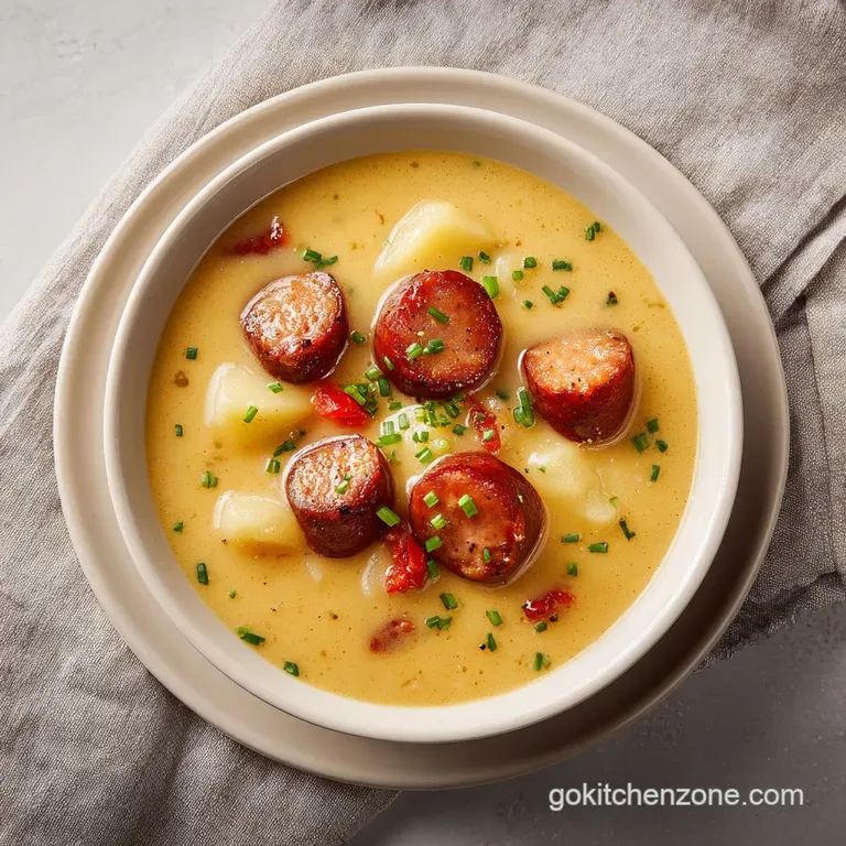 Creamy sausage and potato soup in a white bowl, garnished with fresh parsley and a drizzle of olive oil. Cozy and inviting.