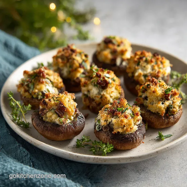 Plump, savory stuffed mushrooms arranged artfully on a white plate, garnished with fresh parsley.