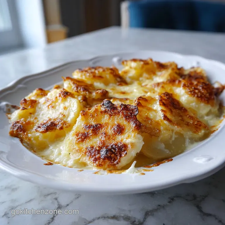 Elegant serving of scalloped potatoes with a crispy, golden-brown crust, garnished with fresh thyme sprigs. Creamy, cheesy...