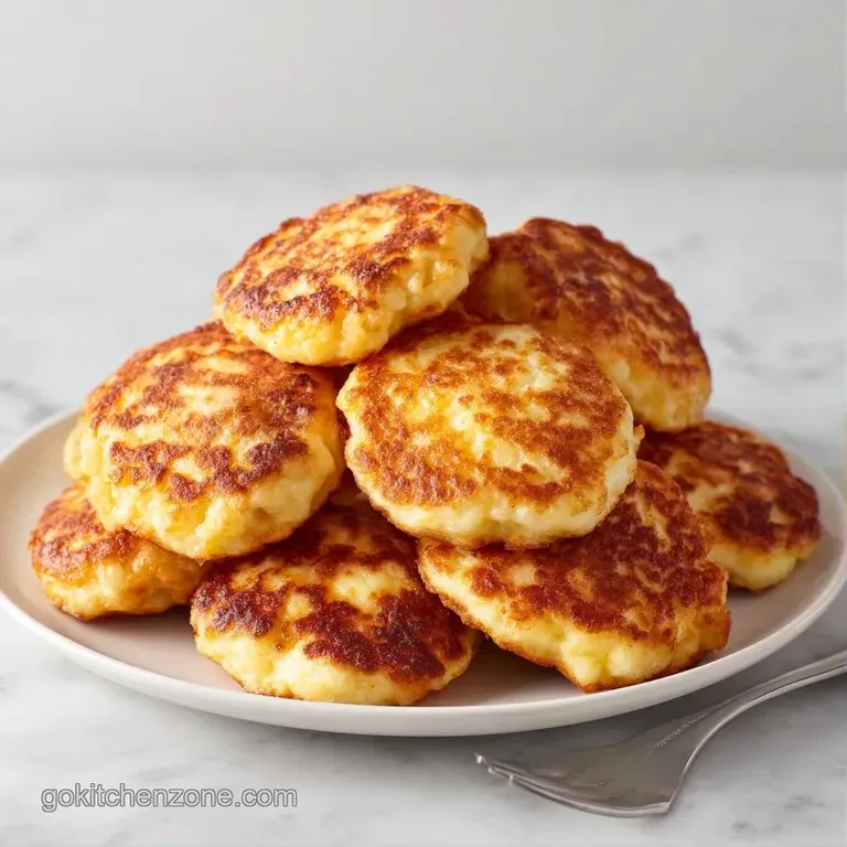 Tiny golden pancake morsels arranged on a white ceramic platter with fresh blueberries and a dusting of powdered sugar.