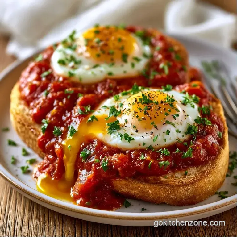 Vibrant red pepper sauce and soft poached eggs on toasted crusty bread, plated on a clean white dish with herbs.