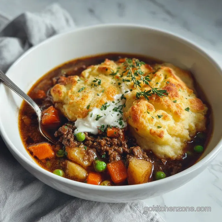 Elegant bowl of warm soup with a swirl of mashed potatoes, fresh parsley, and a drizzle of olive oil on rustic wooden surf...