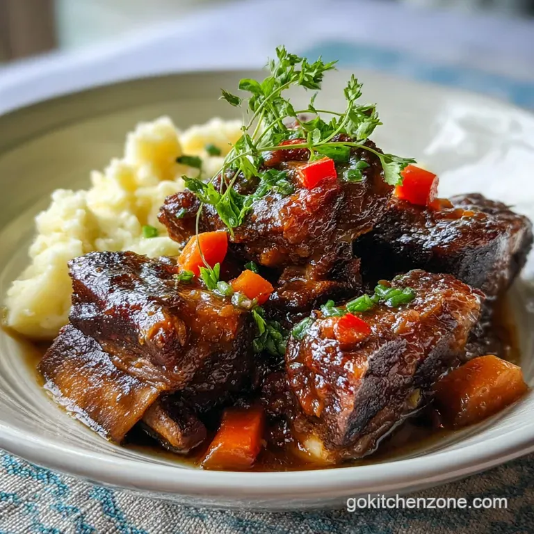 A single, succulent short rib on creamy mashed potatoes, garnished with fresh herbs and a drizzle of flavorful braising sa...
