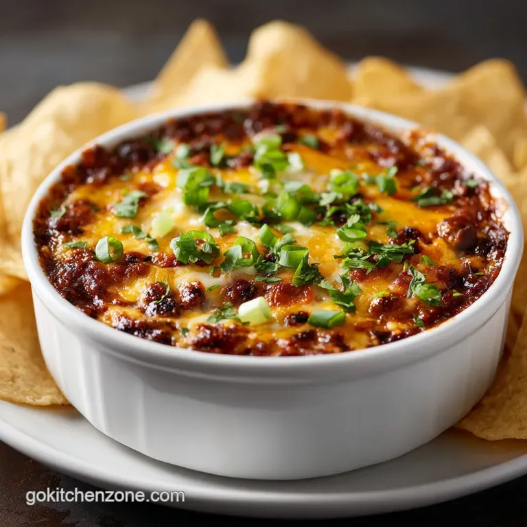 A warm, gooey chili cheese dip served in a rustic ceramic bowl, garnished with fresh cilantro sprigs.