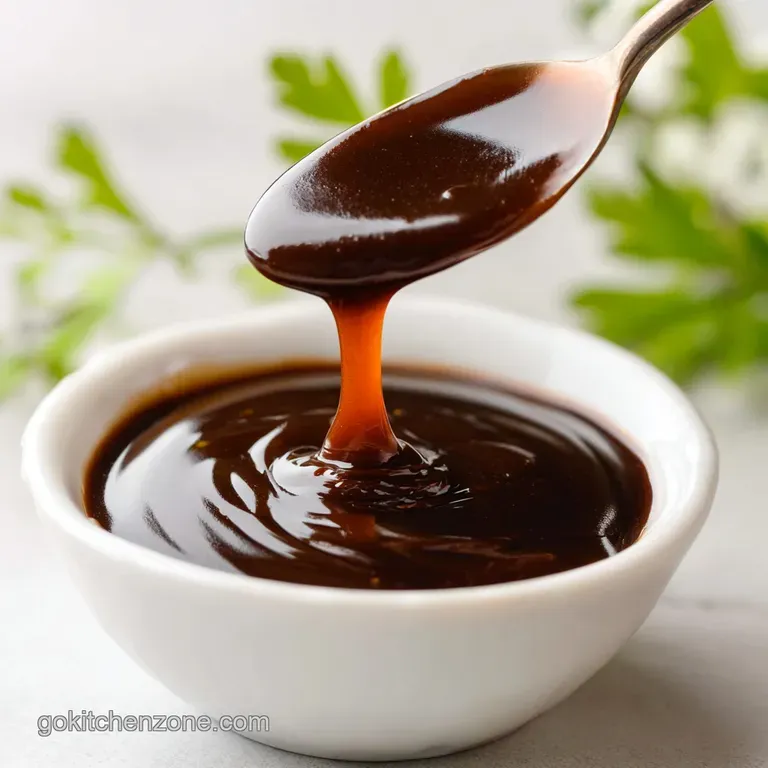 Elegant pour of glistening dark brown sauce over tender meat, steam rising, herbs sprinkled for freshness and a pop of color.