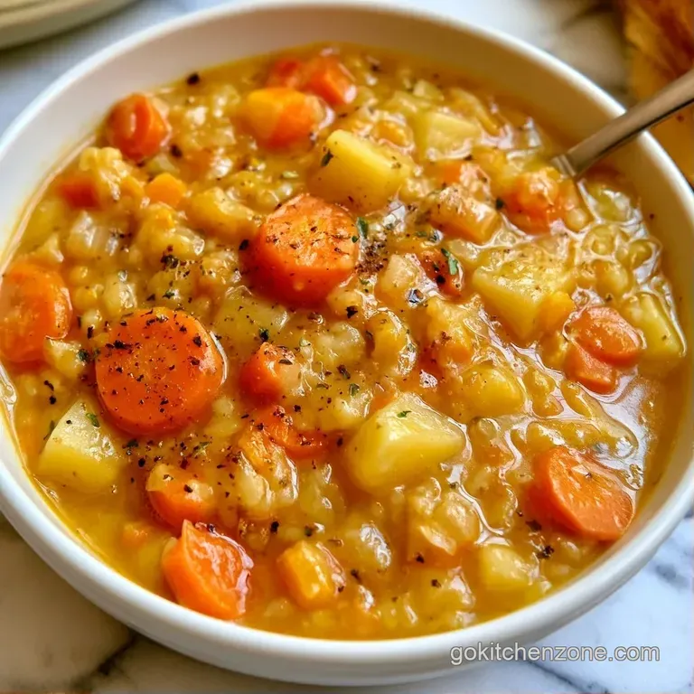 Colorful diced carrots and green peas floating in a clear broth, served in a modern bowl with a linen napkin beside.