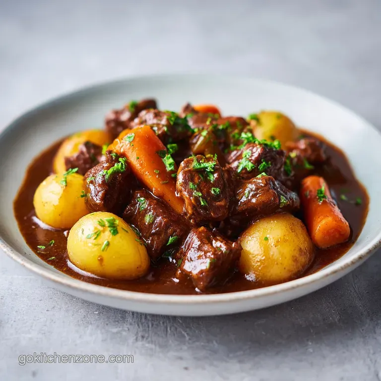 Chunky beef and orange carrots in a deep ceramic bowl, garnished with fresh parsley and a wisp of rising steam.