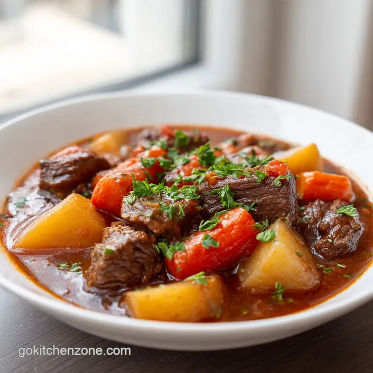 A rustic bowl overflowing with tender beef stew, glistening carrots, and soft potatoes, garnished with herbs.