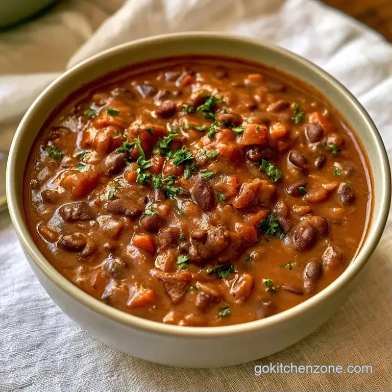 A deep bowl of dark, thick bean soup topped with a swirl of white cream and sliced avocado on a rustic wooden table.