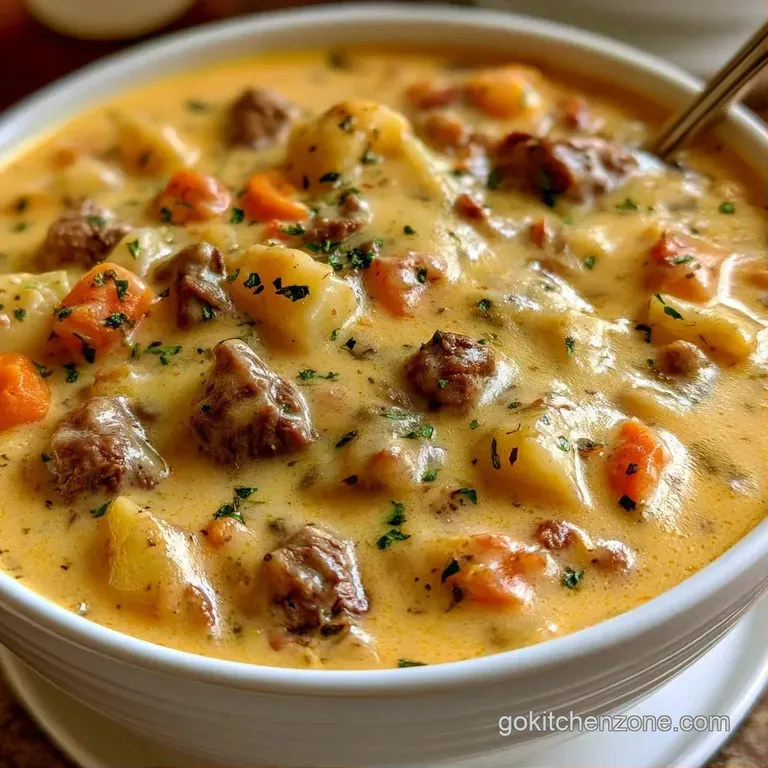 Elegant bowl of creamy golden soup garnished with melted cheese and chives, served with toasted garlic bread.
