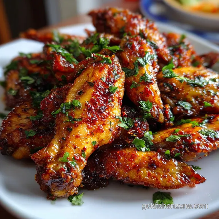 Perfectly arranged chicken wings on a white plate, garnished with fresh herbs and a lemon wedge. Light steam rising from t...