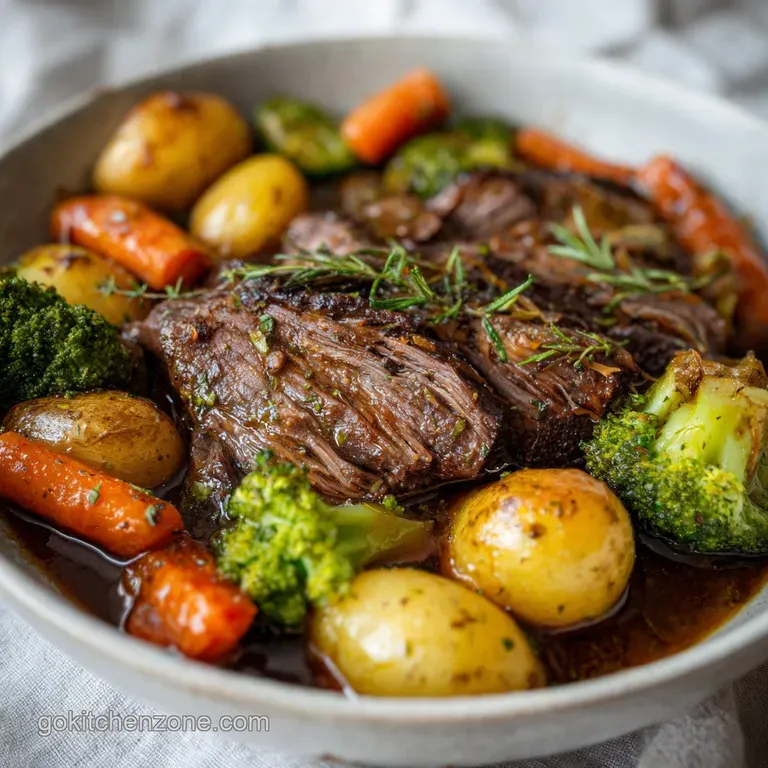 Slices of succulent pot roast drizzled with savory jus, served with bright green beans and creamy mashed potatoes.