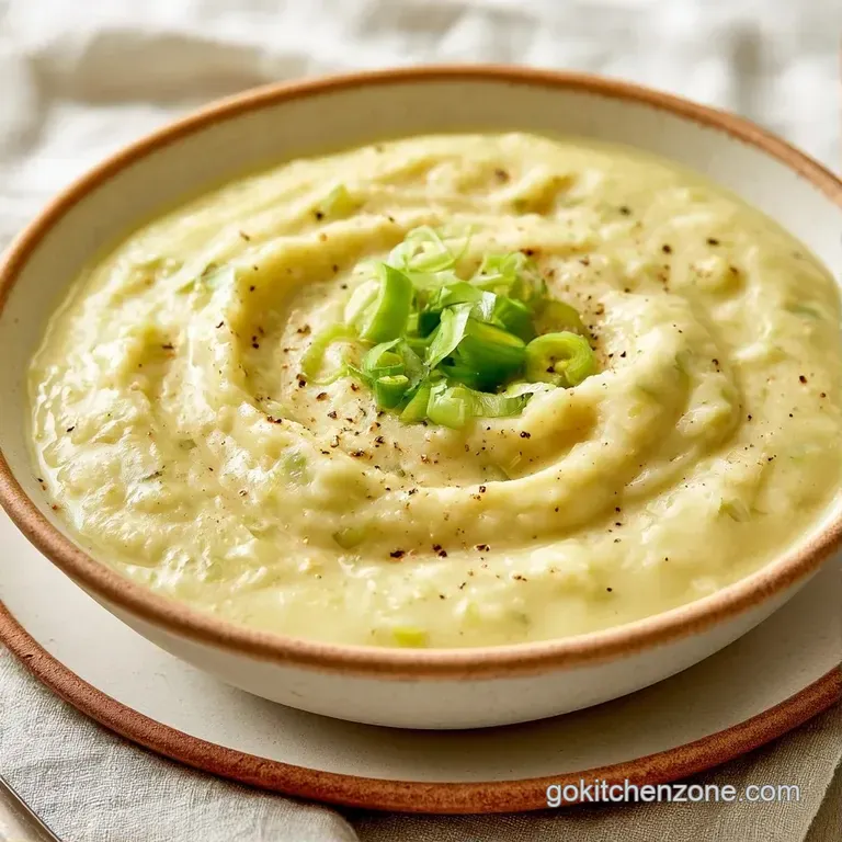 Velvety off-white soup in a white porcelain bowl, topped with sliced leeks and a drizzle of golden olive oil.