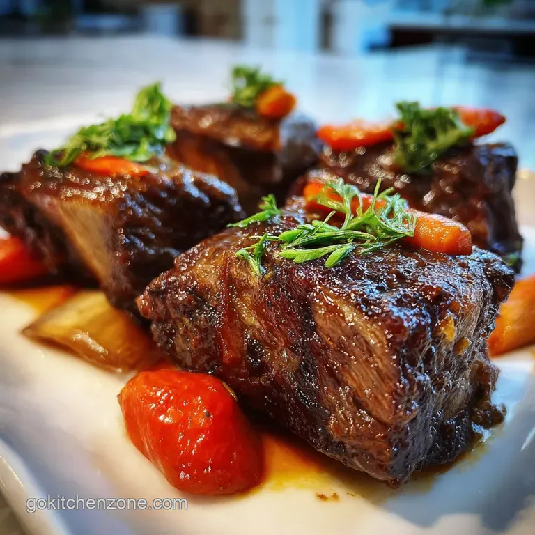 Succulent short rib atop fluffy mashed potatoes, drizzled with a deep red wine reduction. Sprig of rosemary for visual app...