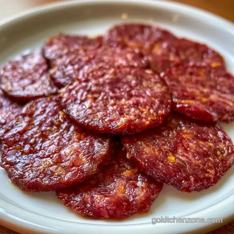 Neatly sliced savory sausages on a white ceramic plate with a swirl of grain mustard and a side of garden greens.